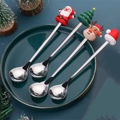 Resim 4'lü Noel Kahve Kaşığı Seti - Paslanmaz Çelik, Noel Baba & Geyik Tasarımlı Tatil Yemeği İçin 