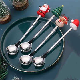 Resim 4'lü Noel Kahve Kaşığı Seti - Paslanmaz Çelik, Noel Baba & Geyik Tasarımlı Tatil Yemeği İçin 