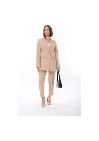 Resim Kadın Düğmeli Blazer Ceket Kemerli Pantolon Dokuma Atlas Kumaş Takım Elbise - Saks Mavi 