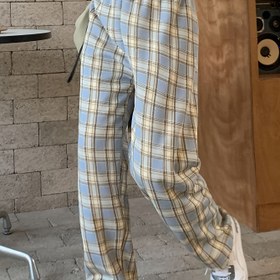 Resim 1 adet Kadın Yüksek Bel Ekose Polarlı Geniş Bacaklı Pantolon, Rahat Stil Polyester Kalın Sıcak Kış Pantolonu, Yetişkin Uzun Boy, Dokuma Kumaş 