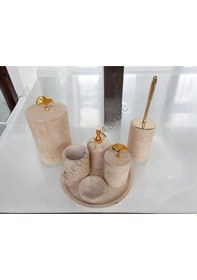 Resim Sarı Traverten Klasik Model 7 Parça Gold Renk Japon Gülü Aksesuarlı Banyo Seti Sarı Traverten 