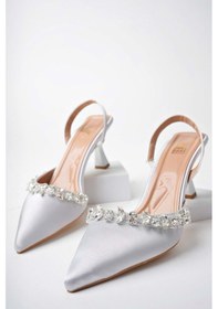 Resim Bulutmod Ba04456 Gümüş Kadın Yaprak Taşlı Lastikli Yumuşak Taban 6 Cm Topuklu Ayakkabı GÜMÜŞ 