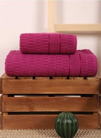 Resim 2 Parça Banyo Havlu Takımı %100 Pamuklu Çubuk Desen Vişne Renkli 