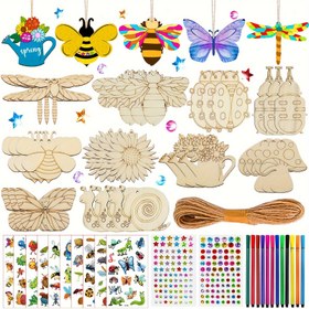 Resim 276 parça böcek temalı ahşap el sanatları, Çocuklar için el sanatları seti, 30 böcek ahşap blokları, 12 sulu boya kalemi, 202 taş, 30 ip, 2 çıkartma, Çocuklar için el sanatları, Çocuklar için DIY doğum günü el sanatları, Kış ve Yeni Yıl için mükemmel 