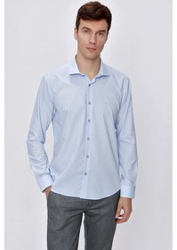 Resim MORVEN Erkek Buz Mavisi Basic Slim Fit Dar Kesim Gömlek Mavi 