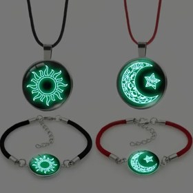 Resim 4 adet/Boho Chic Çift Bileklik ve Kolye Seti - Parlayan Güneş, Ay, Yıldız Tasarımı ile Kırmızı ve Siyah Boncuklu Bileklikler, Karanlıkta Parlayan Kolye - Müzik Festivali, Cadılar Bayramı ve Partiler için Mükemmel, Boho Takı Seti|Glowinthedark Aksesuarları|Cam Boncuk Takı, Bohem Takı 