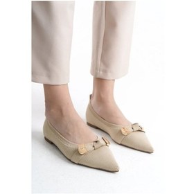 Resim Feles Triko Fiyonk Detaylı Sivri Burun Kadın Babet Ayakkabı Ten 