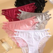 Resim 5 adet Kadın Düz Renk Dantel Süslemeli Şık Delikli Üçgen Külot, Polyester, Seksi, Örme Kumaş, 180g/m², Kadınlar İçin Kontrast Dantelle 