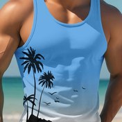 Resim Erkekler için esnek tropikal palmiye baskılı tank top - Açık mavi, kolsuz, nefes alabilen polyester, siyah kuş ve dallar desenli, rahat plaj giyimi, yaz tank topu 