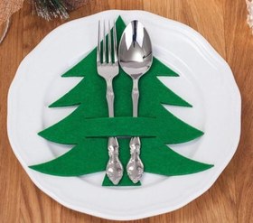 Resim El Yapımı Çam Ağacı Tasarım Keçe Çatal Kaşıklık - 2li Set - Yeşil 