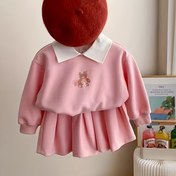 Resim Kızlar için Çevirme Yaka Ayı Baskılı Poli Kazak ve Pilili Etek Takımı, AiLe Tavşan 