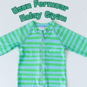 Resim Mama Yoyo Fermuarlı Erkek Çocuk Çizgi Desenli Mayo - Yeşil Mavi / 1-2 Yaş 