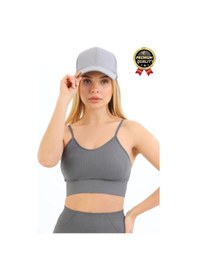 Resim Svein Göğüs Toparlayıcı Sarkma Önleyen Gündelik Spor Kullanım İnce İp Askılı Pedli Çizgili Crop Büstiyer Gri 