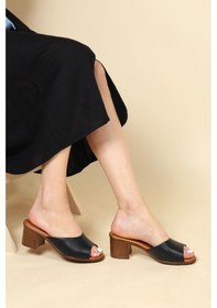 Resim Hakiki Deri Topuklu Terlik Siyah-siyah Siyah 