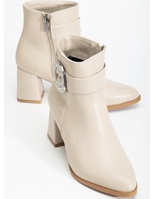 Resim Bej Kadın Kalın Topuklu Bot Taş Tokalı Sivri Burun-4276 Bej 