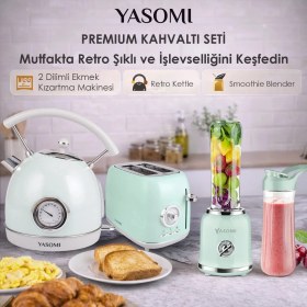 Resim Yasomi Retro Kahvaltı Seti Su Isıtıcı Kettle + Smoothie Blender + Ekmek Kızartma Makinesi (Yeşil) 