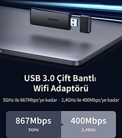 Resim Ugreen AC1300 USB 3.0 1300Mbps 2.4/5Ghz Wi-Fi Kablosuz Alıcı Ağ Adaptörü 