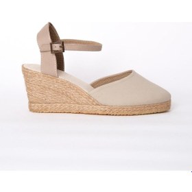 Resim Gerçek Elişi Topuğu Açık Bilekten Bantlı Dolgu Topuk Bej Keten Hasır Espadril Handmade Bej 