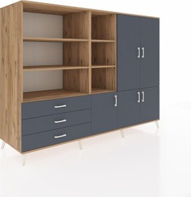 Resim Kronos Dolap 11 Raflı 3 Çekmeceli 5 Kapaklı 220x59x163 Çam-antras Çam-antrasit 