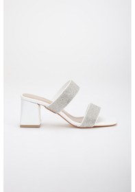 Resim Dilimler Ayakkabı İki Kalın Taş Bantlı Beyaz Kadın Topuklu Terlik-2807-beyaz Beyaz 