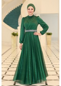 Resim Raika Moda Parıltılı Dila Tesettür Büyük Beden Abiye Zümrüt 