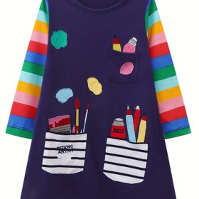 Resim Kızlar İçin Uzun Kollu Lacivert Renkli Gökkuşağı Çizgili, Sonbahar/Kış Noel Temalı Şirin Prenses Tarzı Kalemi Desenli Yuvarlak Yaka Cepli Elbise 