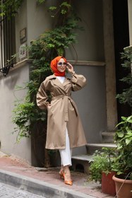 Resim Vibeys Collection Bej İçi Çizgili Balon Kol Kadın Trençkot 