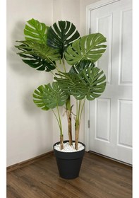 Resim Yapay AĞAÇ MONSTERA BAMBU GÖVDELİ 150CM DEVETABANI AĞACI BÜYÜK BOY ANTRASİT RENK YALI SAKSIDA 