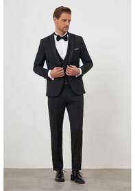 Resim Morven Erkek Siyah Poliviskon Ceramonia Düz Desen Slim Fit Sivri Çıkma Yaka Damatlık Siyah 