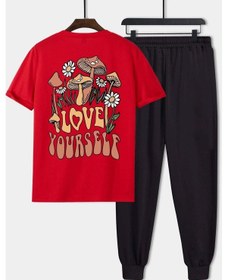 Resim Unisex Love Yourself Baskılı 2'li Eşofman Takımı Kırmızı 