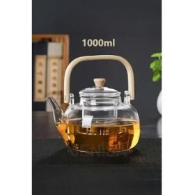 Resim Ahşap Saplı Cam Filtreli Demlik 1000 ml - Dayanıklı Cam Bitki Çayı Demlik 
