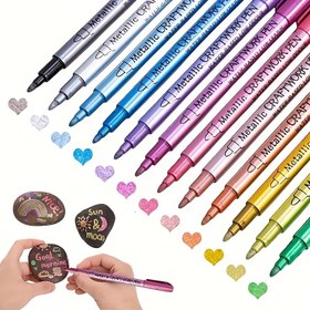 Resim 12 adet Metalik Akrilik Boya Kalemi - Güneş, Gümüş, Bakır ve Pastel Renkler için Taş Boyama, Ahşap, Cam, Kumaş, Kağıt, Seramik ve Taşlar için - Yetişkin El Sanatları, Öğrenciler ve Doğum Günü Hediyeleri için Mükemmel, Sanat Malzemeleri | Metalik Bitiş | Pürüzsüz Yazma Ucu, Metalik Kalemler 
