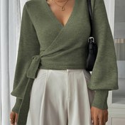 Resim Kadınlar İçin Şık ve Zarif Çapraz Askılı V Yaka Beli Büzgülü Kısa Kollu Kazak - İlkbahar ve Sonbahar için Çok Yönlü 