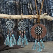 Resim 3 Parça Vintage Bohemian Etnik Tarz Kadın Takı Seti, Antika Bronz Oymalı Mavi Karışık Renkli Püskül Küpe ve Kolye, Tüm Mevsimler İçin Uygun 
