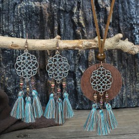 Resim 3 Parça Vintage Bohemian Etnik Tarz Kadın Takı Seti, Antika Bronz Oymalı Mavi Karışık Renkli Püskül Küpe ve Kolye, Tüm Mevsimler İçin Uygun 