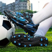 Resim Erkek ve kız çocukları için siyah ve mavi renkli futbol ayakkabıları "BAGGIES" logosu ile - Hafif, nefes alabilir, yuvarlak burunlu, kolay kapanışlı, dış mekan futbolu için kauçuk taban, futbola uygun ayakkabılar|Şık futbola uygun ayakkabılar|Kolay kapanışlı 
