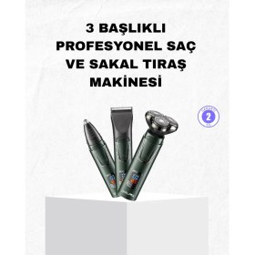 Resim Savarga Şarjlı ve Kablosuz 3 Başlıklı Profesyonel Bakım Seti - Saç, Sakal, Burun ve Kulak Düzeltici 
