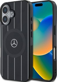 Resim İphone Uyumlu 16 Kılıf Mercedes Benz Lisanslı Magsafe Özellikli Çift Katmanlı Paralel Çizgi Desenli Siyah 