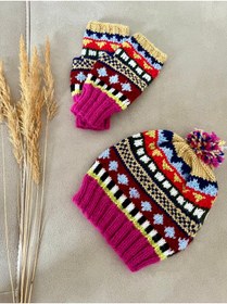 Resim MESKSTORE Şapka eldiven set / Bohem şapka / Bohem eldiven / Renkli / Rustik desen / kışlık set/ yün ürünler / 