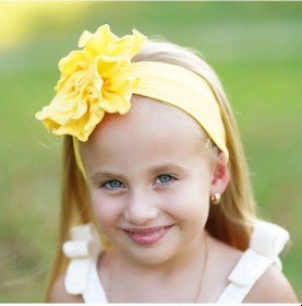 Resim Kız Bebek Çocuk Çiçek Detaylı El Yapımı Yumuşak Esnek Pamuklu Penye Saç Bandı - 6 - 9 Yaş / Sarı Sarı 