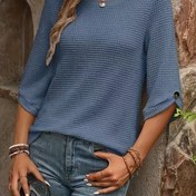 Resim Şık Kadınlar için 3/4 Kol Bol Kesim Tişört - Orta Esneklikte Yuvarlak Yaka Düz Renkli Dekoratif Düğmeli Üst, Makinede Yıkanabilir Tatil & Ofis Kıyafeti, İlkbahar/Yaz Günlük Giyim, Orta Esnek Kumaş 