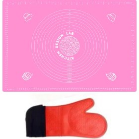 Resim Kitchen Design Lab 2'li Set Pembe 45X65 cm Silikon Hamur Açma Matı ve Kırmızı Silikon Yanmaz Mutfak Fırın Eldiveni 