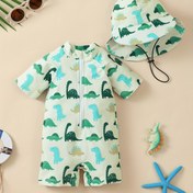 Resim Sevimli Dinozor Baskılı Tek Parça Mayo & Şapka Bebek Erkekler İçin - Yumuşak Polyester Karışımı, Makinede Yıkanabilir, Dinozor Giyim 