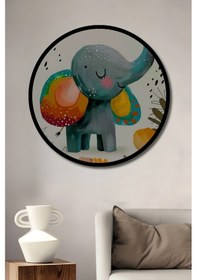 Resim Renkli Fil Sanat Baskısı Ahşap Tablo Yuvarlak Duvar Tablosu Çerçeve Görünümlü--.48--- 30 X 30 