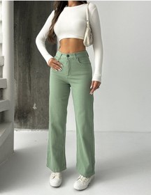Resim Kadın Yüksek Bel Keten Boyfriend Bol Paça Yeşil 