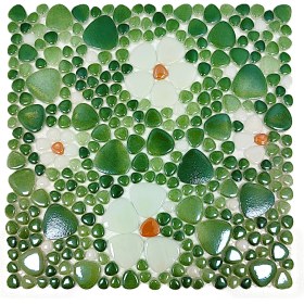Resim Mutfak Tezgah Arası, Havuz, Banyo, Sauna, Spa, Iç ve Dış Dekorasyonda Tüm Yüzeyler Için, Krem, P. Yeşil-Beyaz-Sarı Çiçek Desenli, 31,5X31,5CM. Fileli Cam Mozaik. (5 File Karo = 0,5 M2 Fiyatıdır ) 
