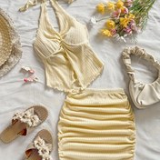 Resim Kadınlar İçin Yazlık Yeni Tek Renk V Yaka Camisole ve Pilili Midi Etek Takımı, 2 Parça 