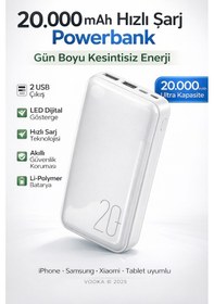 Resim 20.000 Mah Powerbank Hızlı Şarj Led Göstergeli Çift Usb Type-c Girişli Taşınabilir Şarj Cihazı Beyaz 