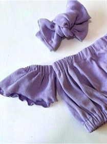 Resim Özge Başaran Kız Çocuk, Likralı Deri Fiyonk Detaylı Pantolon, Lila Straplez Crop Bluz Ve Saç Lila 