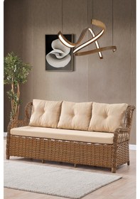 Resim Paris Rattan Puflu Bahçe Balkon Takımı 3+1+1 Cam Masalı Kahve Kahverengi 